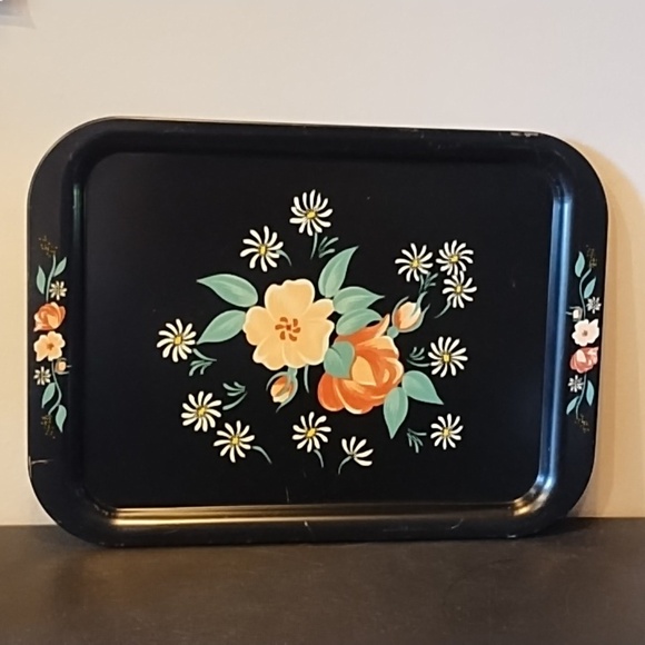 Black Tole Serving Tray Floral Metal Toleware Hand Painted Vintage - Picture 1 of 6